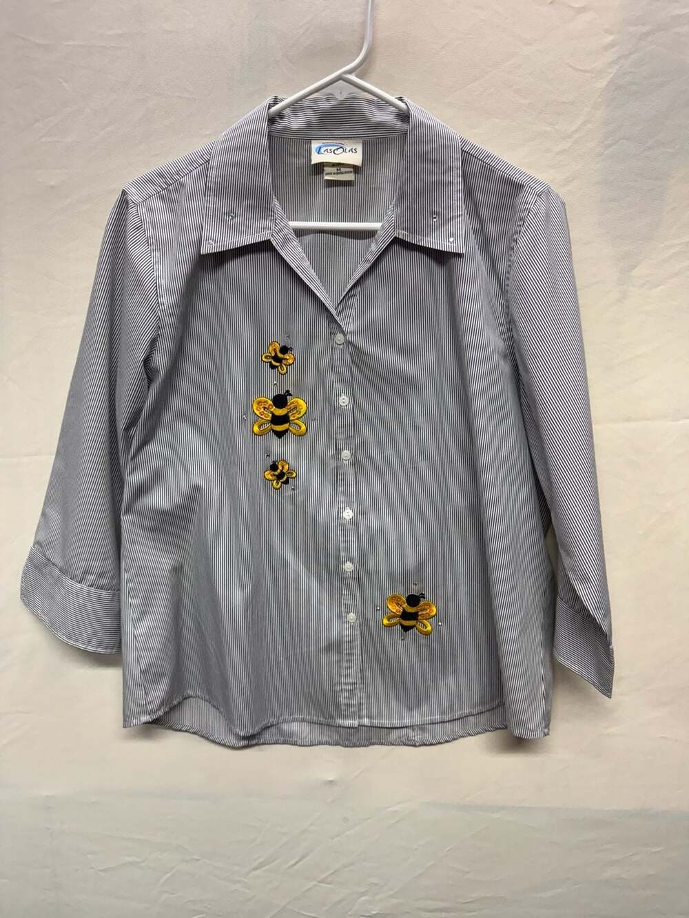 Las Olas Striped Button-Down Shirt with Bee Embroidery and Rhinestone Details